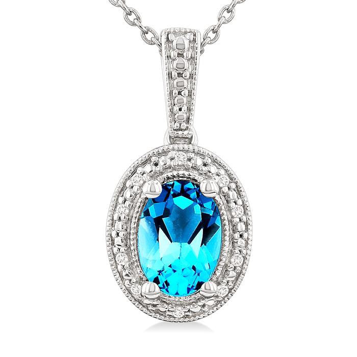 Silver Oval Shape Gemstone & Diamond Pendant