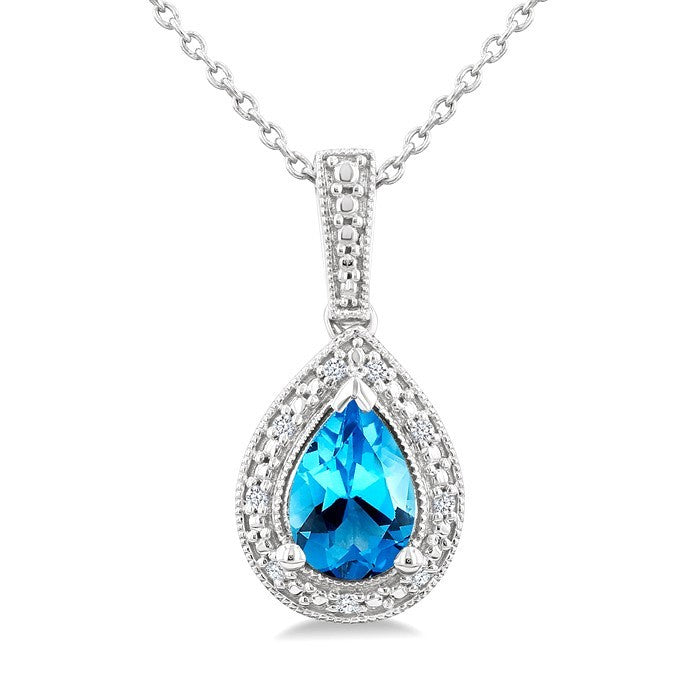 7X5 MM Pear Shape Blue Topaz and 1/50 Ctw Round Cut Diamond Semi-precious Pendant With Chain in Sterling Silver