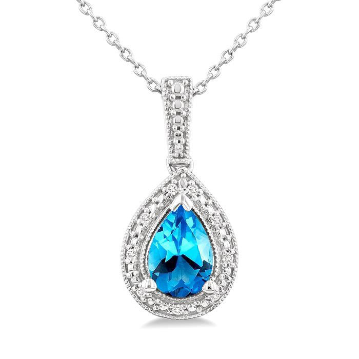 Silver Pear Shape Gemstone & Diamond Pendant
