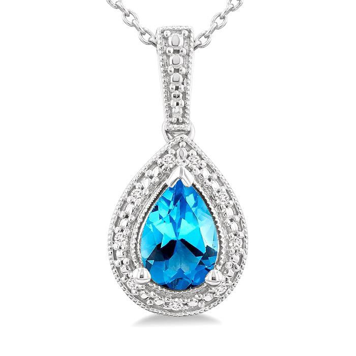 Silver Pear Shape Gemstone & Diamond Pendant