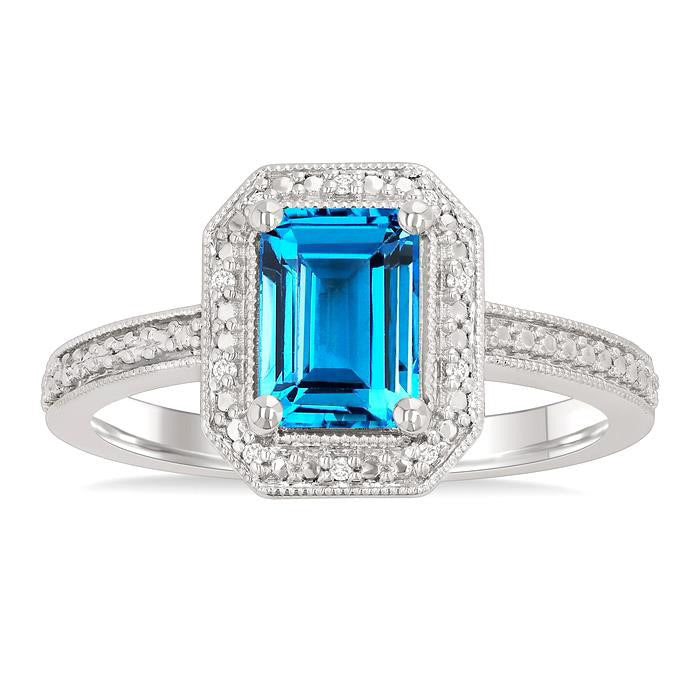Silver Emerald Shape Gemstone & Diamond Ring