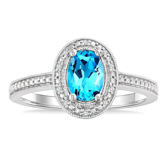 7x5 MM Oval Shape Blue Topaz and 1/50 Ctw Round Cut Diamond Semi-precious Ring in Sterling Silver