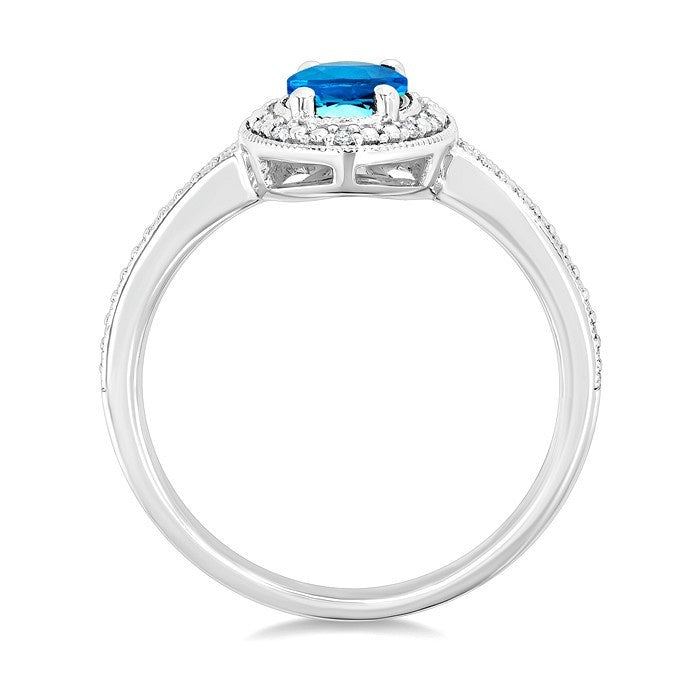 7x5 MM Oval Shape Blue Topaz and 1/50 Ctw Round Cut Diamond Semi-precious Ring in Sterling Silver