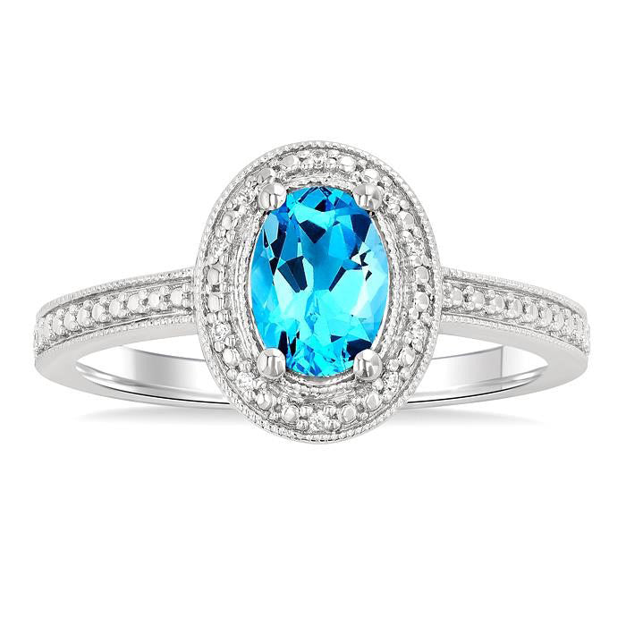 Silver Oval Shape Gemstone & Diamond Ring