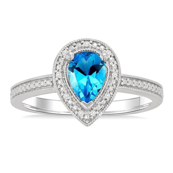Silver Pear Shape Gemstone & Diamond Ring