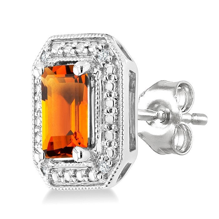 6X4 MM Octagon Shape Citrine and 1/50 Ctw Round Cut Diamond Semi-Precious Earrings in Sterling Silver