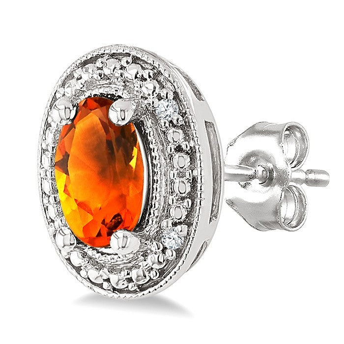 6X4 MM Oval Shape Citrine and 1/50 Ctw Round Cut Diamond Semi-Precious Earrings in Sterling Silver