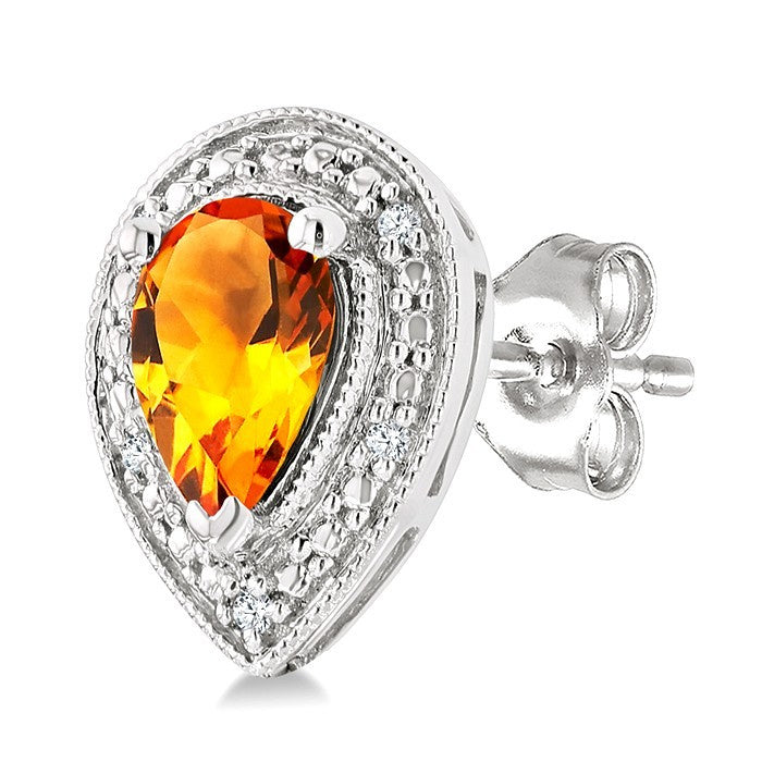 6X4 MM Pear Shape Citrine and 1/50 Ctw Round Cut Diamond Semi-Precious Earrings in Sterling Silver