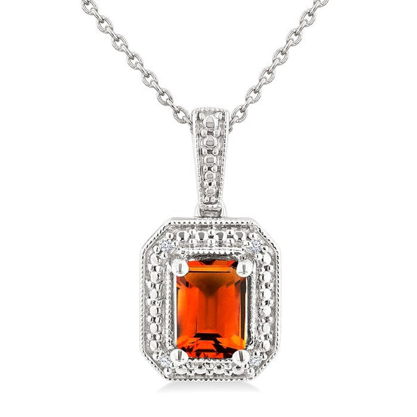 7X5 MM Octagon Shape Citrine and 1/50 Ctw Round Cut Diamond Semi-Precious Pendant With Chain in Sterling Silver