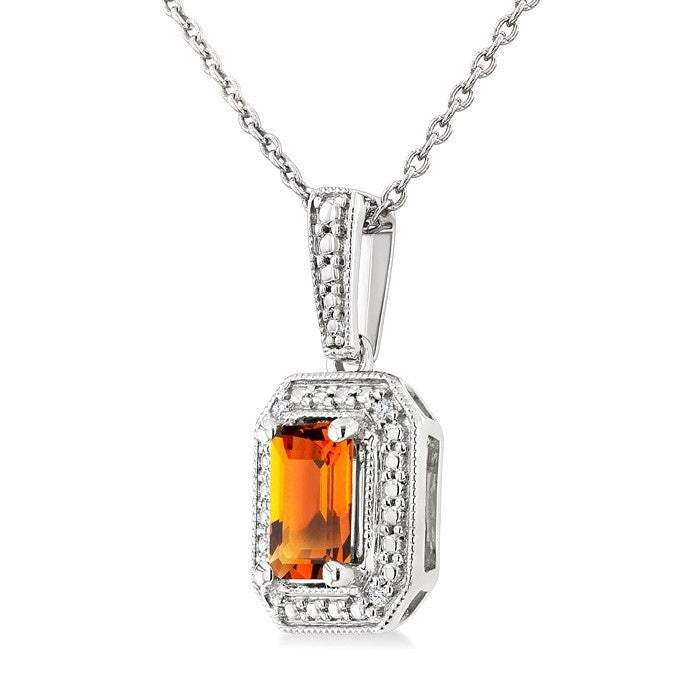 7X5 MM Octagon Shape Citrine and 1/50 Ctw Round Cut Diamond Semi-Precious Pendant With Chain in Sterling Silver