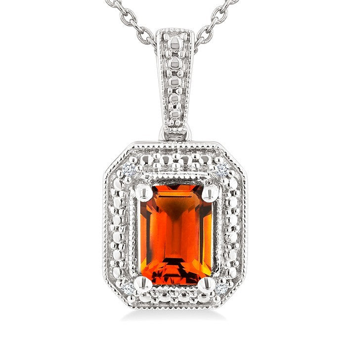 7X5 MM Octagon Shape Citrine and 1/50 Ctw Round Cut Diamond Semi-Precious Pendant With Chain in Sterling Silver