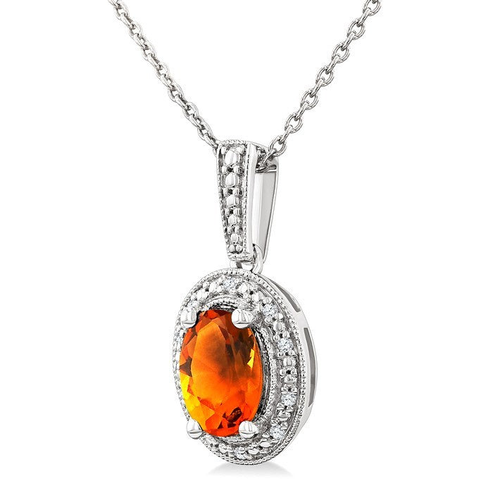 7X5 MM Oval Shape Citrine and 1/50 Ctw Round Cut Diamond Semi-Precious Pendant With Chain in Sterling Silver