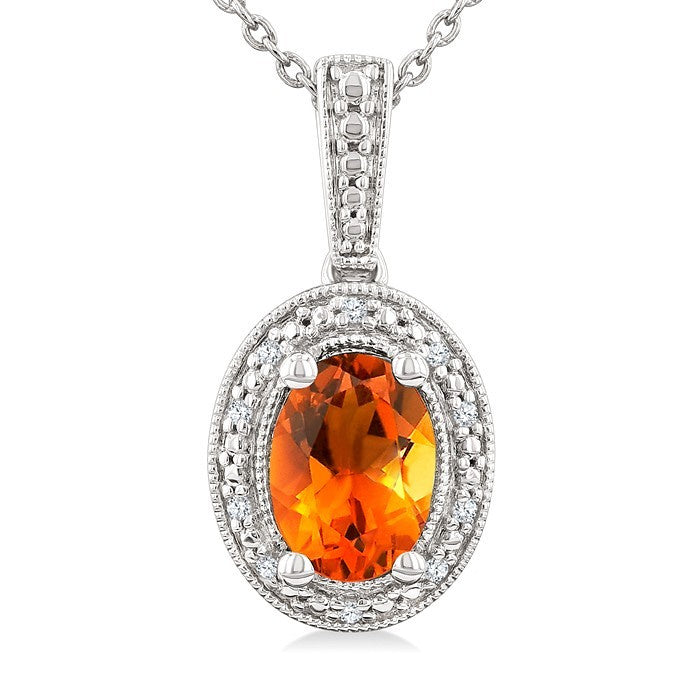 7X5 MM Oval Shape Citrine and 1/50 Ctw Round Cut Diamond Semi-Precious Pendant With Chain in Sterling Silver