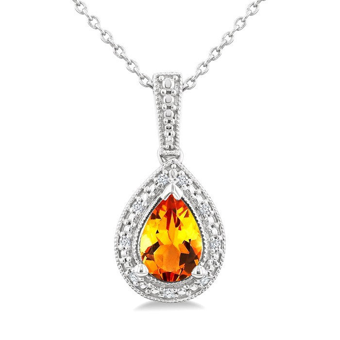 7X5 MM Pear Shape Citrine and 1/50 Ctw Round Cut Diamond Semi-Precious Pendant With Chain in Sterling Silver