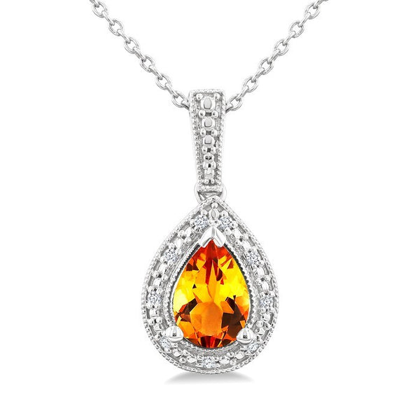 7X5 MM Pear Shape Citrine and 1/50 Ctw Round Cut Diamond Semi-Precious Pendant With Chain in Sterling Silver