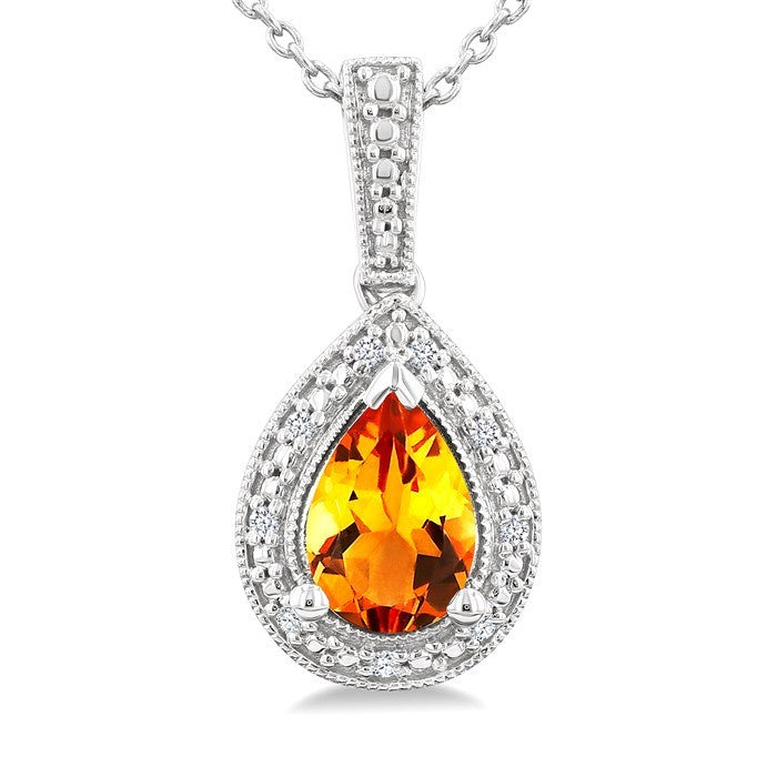 7X5 MM Pear Shape Citrine and 1/50 Ctw Round Cut Diamond Semi-Precious Pendant With Chain in Sterling Silver