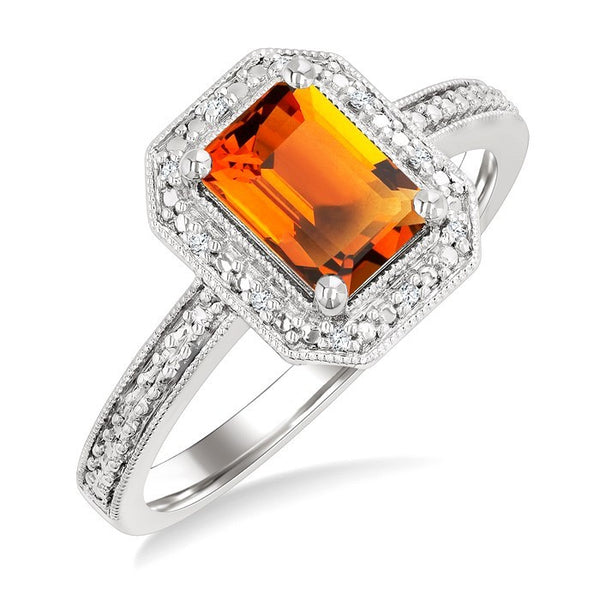 7X5 MM Octagon Shape Citrine and 1/50 Ctw Round Cut Diamond Semi-Precious Ring in Sterling Silver