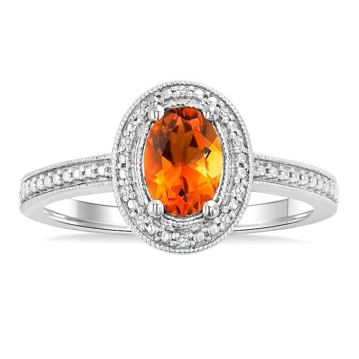 7X5 MM Oval Shape Citrine and 1/50 Ctw Round Cut Diamond Semi-Precious Ring in Sterling Silver