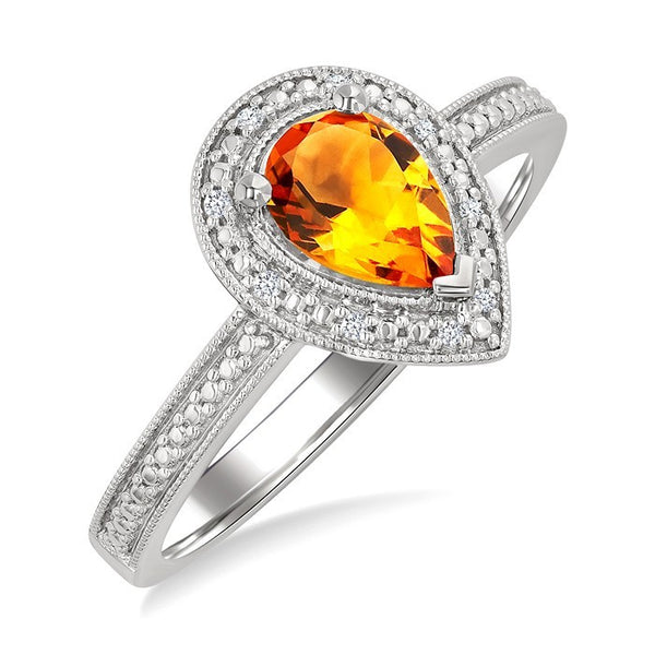 7X5 MM Pear Shape Citrine and 1/50 Ctw Round Cut Diamond Semi-Precious Ring in Sterling Silver