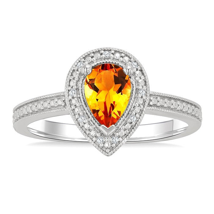 7X5 MM Pear Shape Citrine and 1/50 Ctw Round Cut Diamond Semi-Precious Ring in Sterling Silver