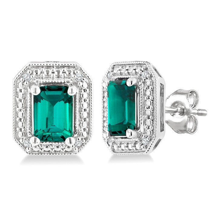 6X4 MM Octagon Shape Lab-Created Emerald and 1/50 Ctw Round Cut Diamond Precious Earrings in Sterling Silver