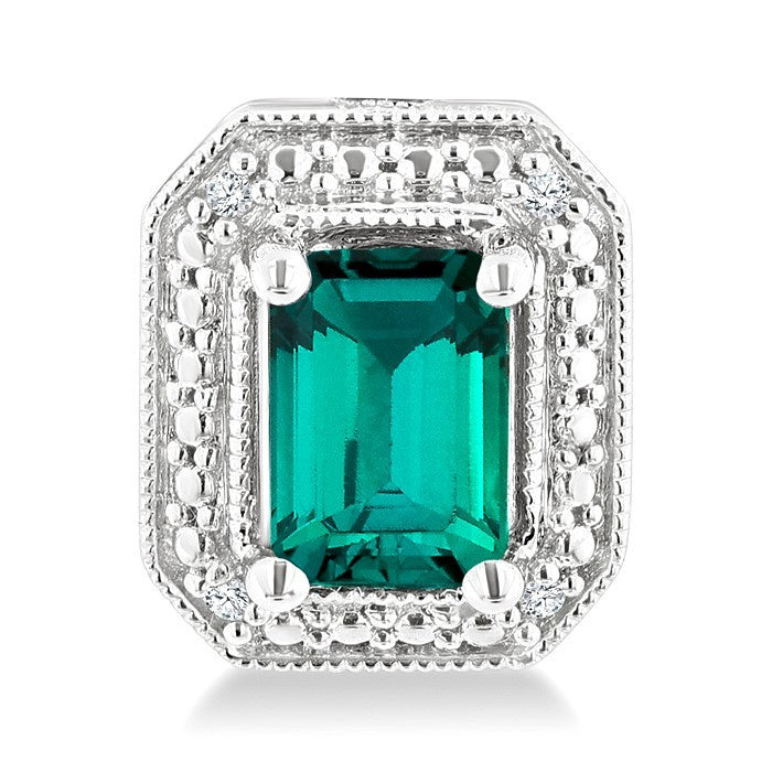 6X4 MM Octagon Shape Lab-Created Emerald and 1/50 Ctw Round Cut Diamond Precious Earrings in Sterling Silver