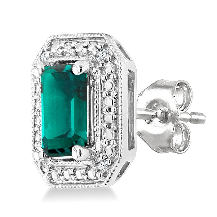 6X4 MM Octagon Shape Lab-Created Emerald and 1/50 Ctw Round Cut Diamond Precious Earrings in Sterling Silver