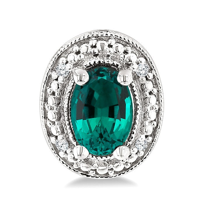 6X4 MM Oval Shape Lab-Created Emerald and 1/50 Ctw Round Cut Diamond Precious Earrings in Sterling Silver