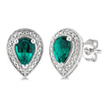 6X4 MM Pear Shape Lab-Created Emerald and 1/50 Ctw Round Cut Diamond Precious Earrings in Sterling Silver