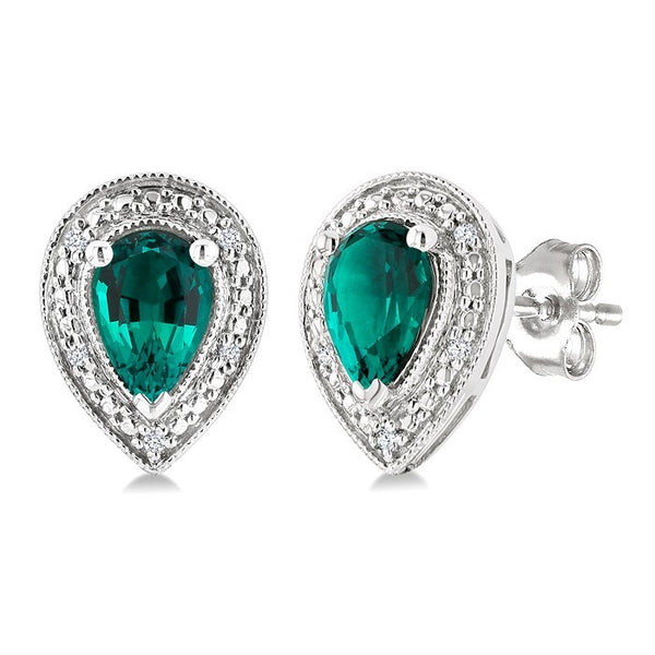 6X4 MM Pear Shape Lab-Created Emerald and 1/50 Ctw Round Cut Diamond Precious Earrings in Sterling Silver