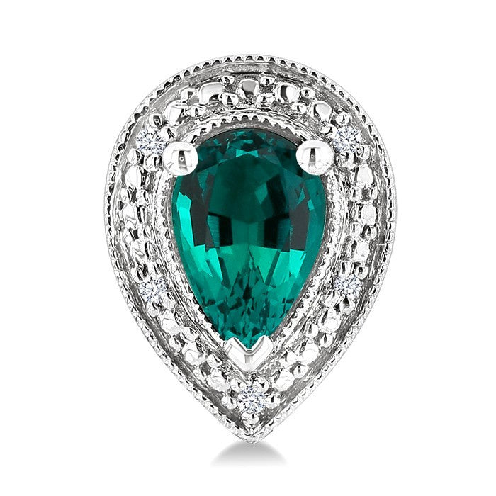 6X4 MM Pear Shape Lab-Created Emerald and 1/50 Ctw Round Cut Diamond Precious Earrings in Sterling Silver