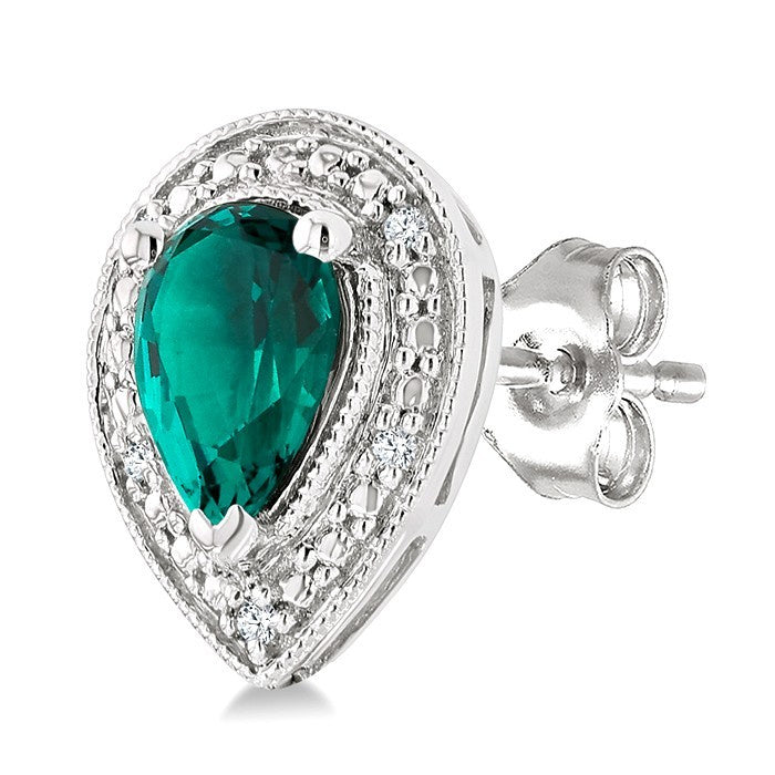 6X4 MM Pear Shape Lab-Created Emerald and 1/50 Ctw Round Cut Diamond Precious Earrings in Sterling Silver