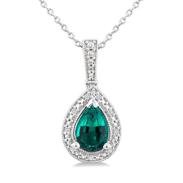 7X5 MM Pear Shape Lab-Created Emerald and 1/50 Ctw Round Cut Diamond Precious Pendant With Chain in Sterling Silver