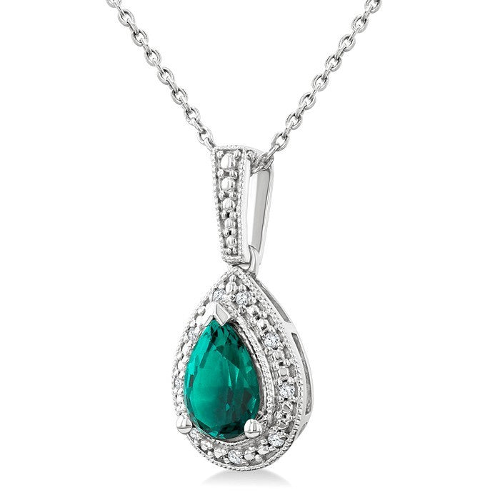 7X5 MM Pear Shape Lab-Created Emerald and 1/50 Ctw Round Cut Diamond Precious Pendant With Chain in Sterling Silver