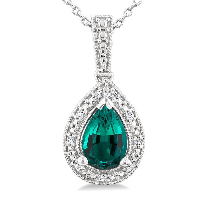 7X5 MM Pear Shape Lab-Created Emerald and 1/50 Ctw Round Cut Diamond Precious Pendant With Chain in Sterling Silver