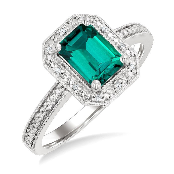 7X5 MM Octagon Shape Lab-Created Emerald and 1/50 Ctw Round Cut Diamond Precious Ring in Sterling Silver