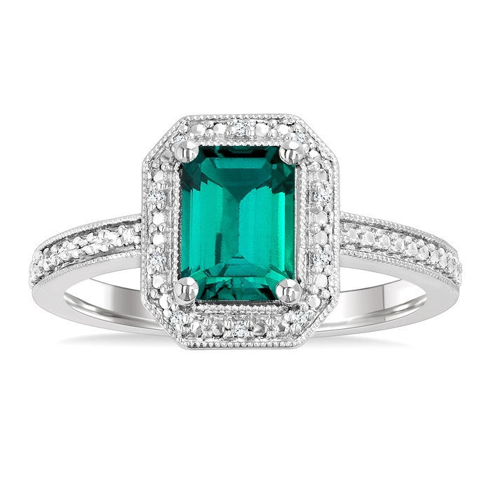 7X5 MM Octagon Shape Lab-Created Emerald and 1/50 Ctw Round Cut Diamond Precious Ring in Sterling Silver