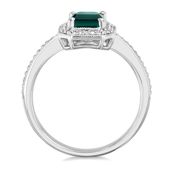 7X5 MM Octagon Shape Lab-Created Emerald and 1/50 Ctw Round Cut Diamond Precious Ring in Sterling Silver