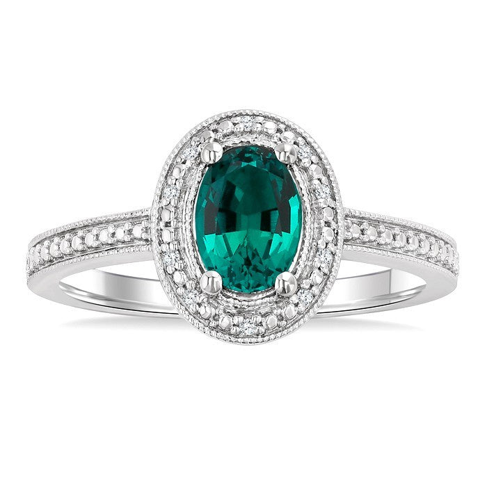 7X5 MM Oval Shape Lab-Created Emerald and 1/50 Ctw Round Cut Diamond Precious Ring in Sterling Silver