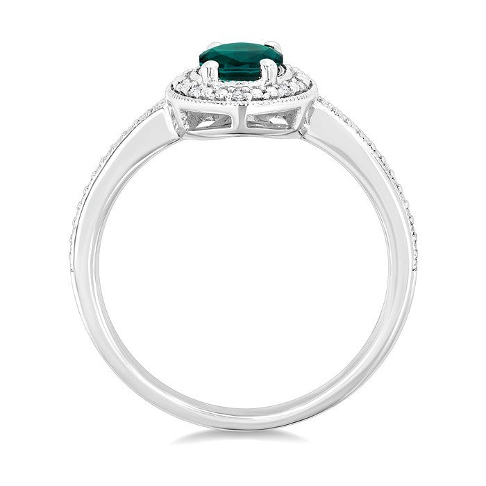 7X5 MM Oval Shape Lab-Created Emerald and 1/50 Ctw Round Cut Diamond Precious Ring in Sterling Silver
