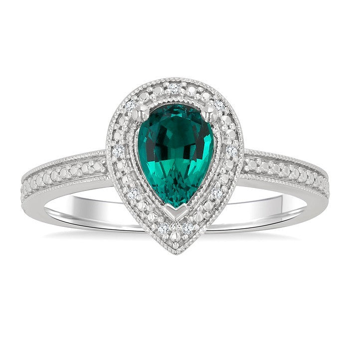 7X5 MM Pear Shape Lab-Created Emerald and 1/50 Ctw Round Cut Diamond Precious Ring in Sterling Silver