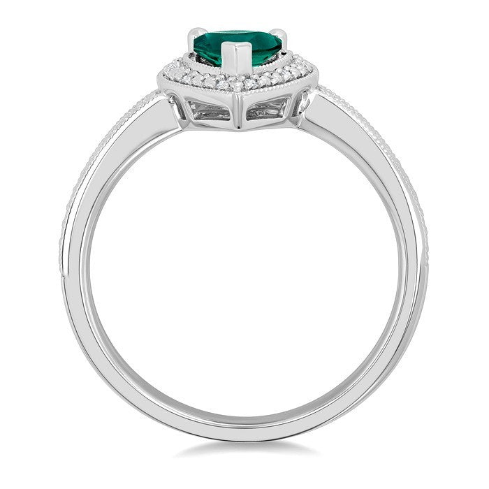 7X5 MM Pear Shape Lab-Created Emerald and 1/50 Ctw Round Cut Diamond Precious Ring in Sterling Silver