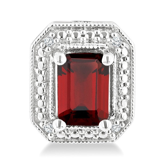 6X4 MM Octagon Shape Garnet and 1/50 Ctw Round Cut Diamond Semi-Precious Earrings in Sterling Silver