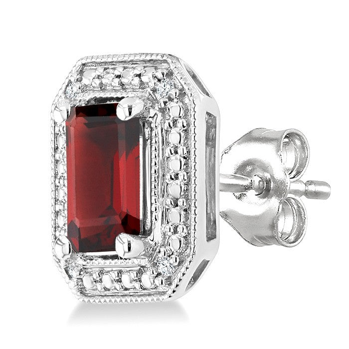 6X4 MM Octagon Shape Garnet and 1/50 Ctw Round Cut Diamond Semi-Precious Earrings in Sterling Silver