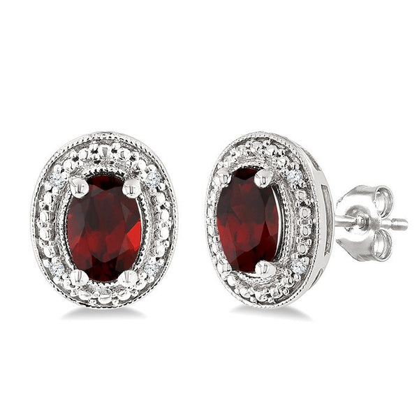 6X4 MM Oval Shape Garnet and 1/50 Ctw Round Cut Diamond Semi-Precious Earrings in Sterling Silver