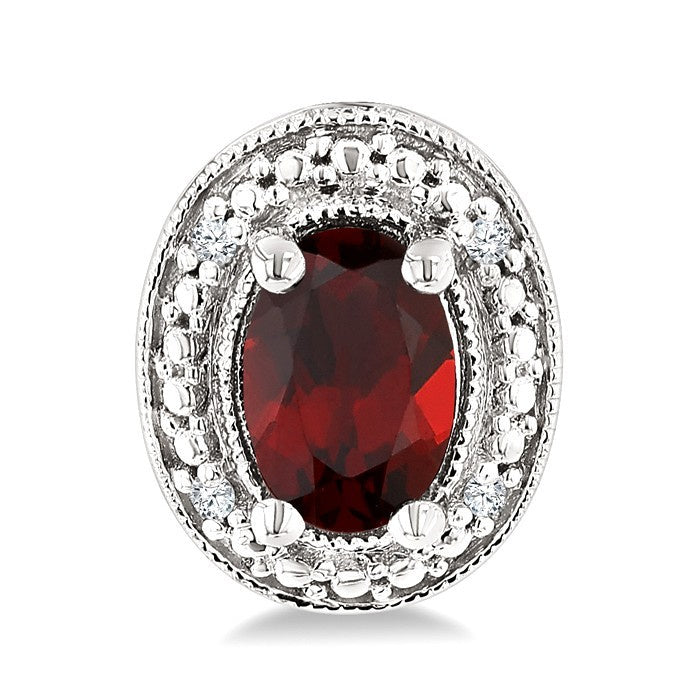 6X4 MM Oval Shape Garnet and 1/50 Ctw Round Cut Diamond Semi-Precious Earrings in Sterling Silver