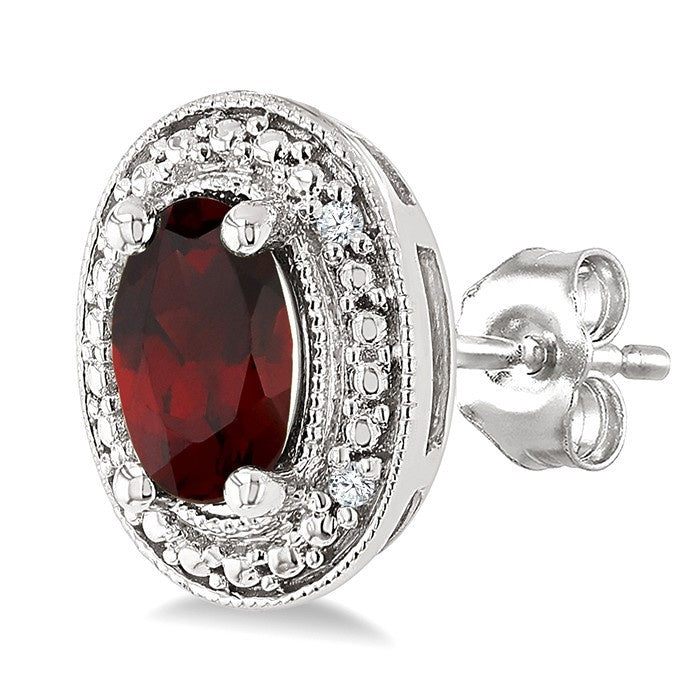 6X4 MM Oval Shape Garnet and 1/50 Ctw Round Cut Diamond Semi-Precious Earrings in Sterling Silver