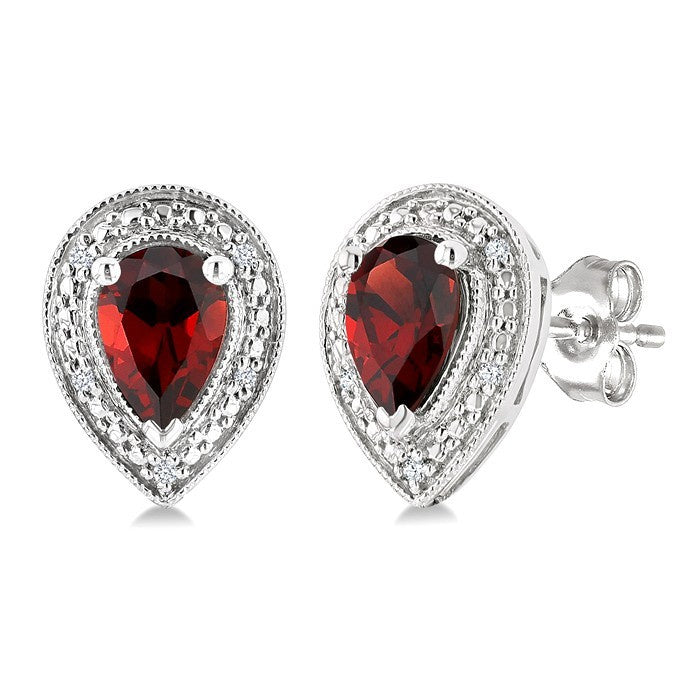 6X4 MM Pear Shape Garnet and 1/50 Ctw Round Cut Diamond Semi-Precious Earrings in Sterling Silver