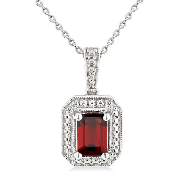 7X5 MM Octagon Shape Garnet and 1/50 Ctw Round Cut Diamond Semi-Precious Pendant With Chain in Sterling Silver