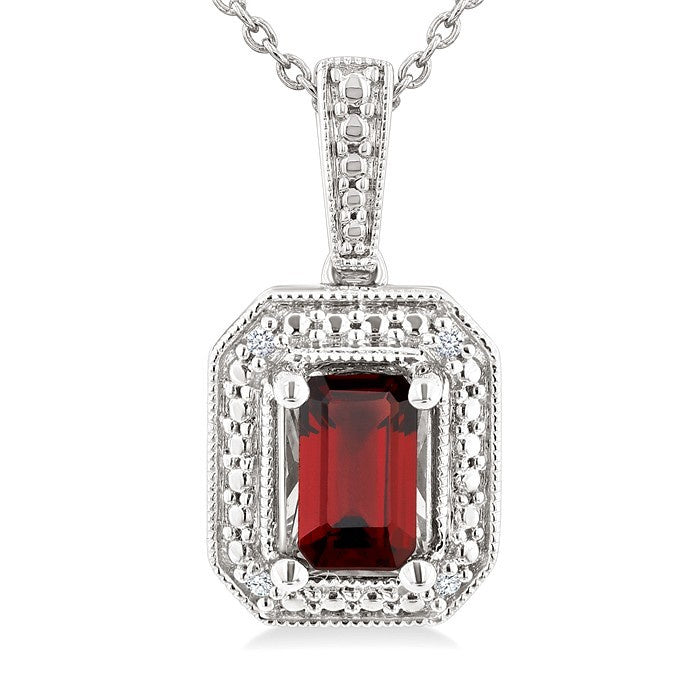 7X5 MM Octagon Shape Garnet and 1/50 Ctw Round Cut Diamond Semi-Precious Pendant With Chain in Sterling Silver